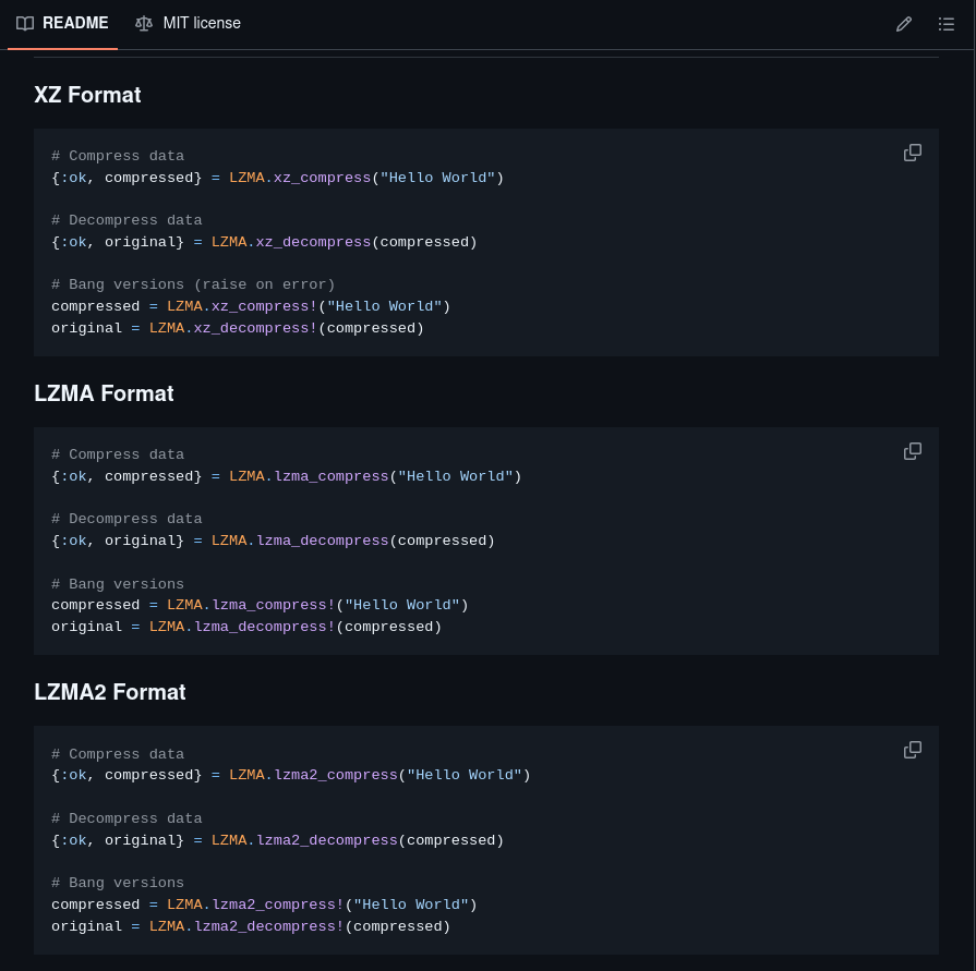 ImNotAV1rus's tweet image. Just released a small new library: support for LZMA and XZ files in Elixir. Surprised there wasn’t anything available for that, so… I built it.

#elixirlang #myelixirstatus