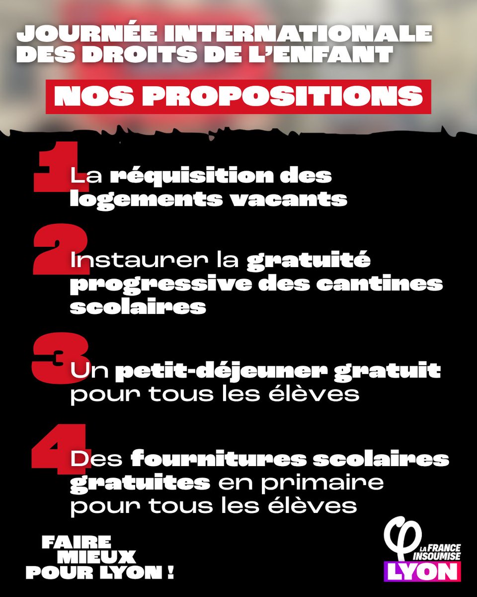 Aujourd'hui c'est la journée internationale des droits de l'enfant.

😡 2159 enfants à la rue en France, 250 mineurs dorment dehors à Lyon et 70 enfants dans des écoles. 

✊Réquisition des logements, gratuité de la cantine et des fournitures, ... retrouvez nos propositions ⬇️