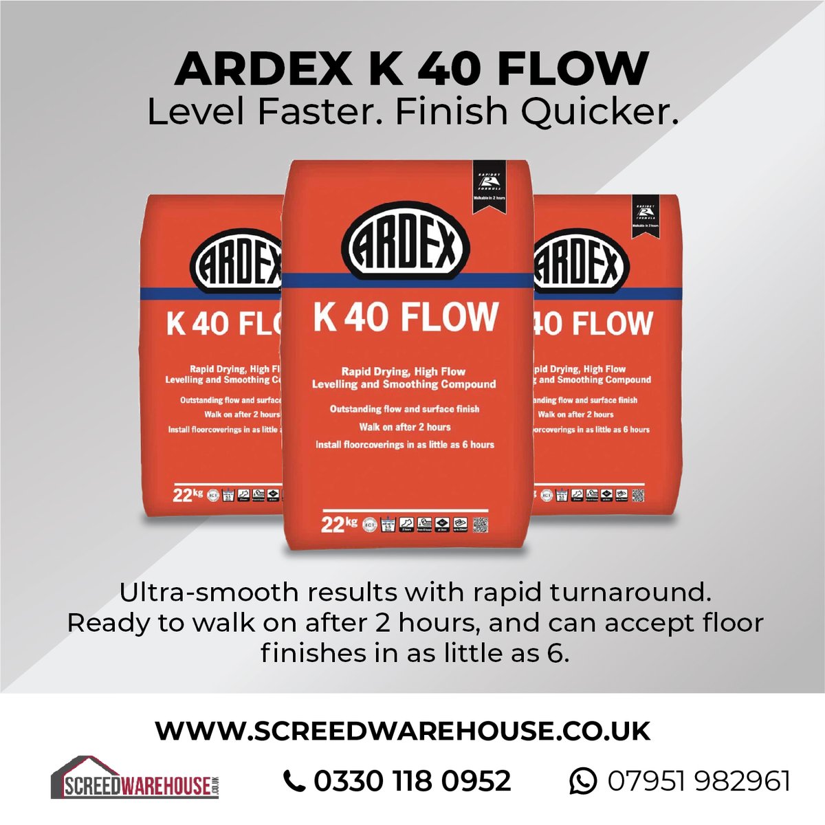 ARDEX K 40 FLOW - The premium choice for smooth, level floors with speed and precision. Perfect for commercial and renovation projects
Call us on 0330 118 0952 Whatspp: 07951 982961
Visit: screedgiant.co.uk/product/ardex-…

#FlooringSolutions #CommercialFlooring #SelfSmoothingScreed
