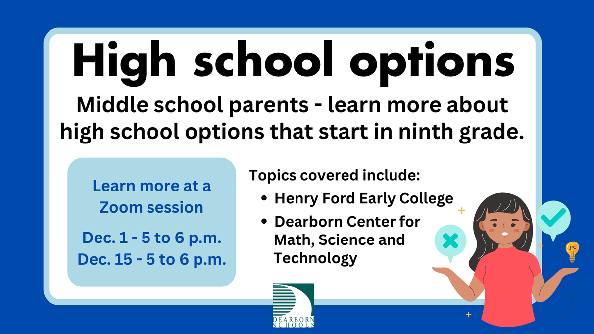 Monday is the first Zoom meeting for eighth graders and parents to learn more about two of our high school programs.
The Henry Ford Early Colleges are open to students from across Wayne County. In 5 years students earn a diploma and an associates degree. 

firstbell.dearbornschools.org/2025/11/14/eig…