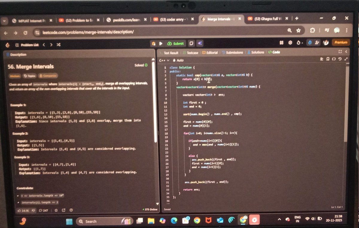 __Shankarlal's tweet photo. Day 33 #100dayofcode
Problem solved 
Leetcode 56 ✅ https://t.co/iAa7QIOOQF