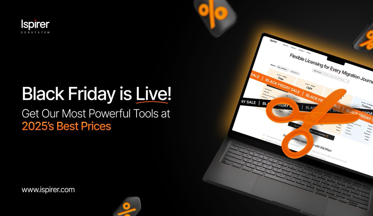IspirerSystems's tweet image. ⏳ Only 10 days left!

✨ Up to 25% off Data Only plans
✨ Up to 20% off SQL and Data plans

Secure your plan today and set your team up for success.

👉 Claim your discount: buff.ly/D6MdfX7

#BlackFriday #DatabaseMigration #SQLWays #DataMigration #Ispirer #CloudMigration