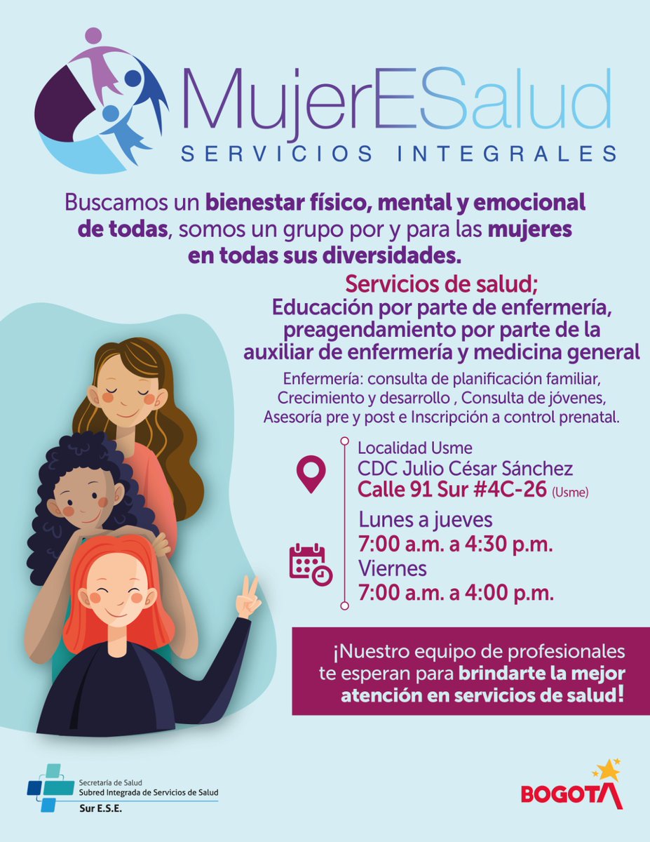 SubRedSur's tweet image. 💜 En la Subred Sur trabajamos por el bienestar físico, mental y emocional de todas las mujeres, reconociendo sus diversidades.
Te invitamos a conocer #MujerESalud, un espacio creado para ti con atención integral y acompañamiento profesional. 🌸💪