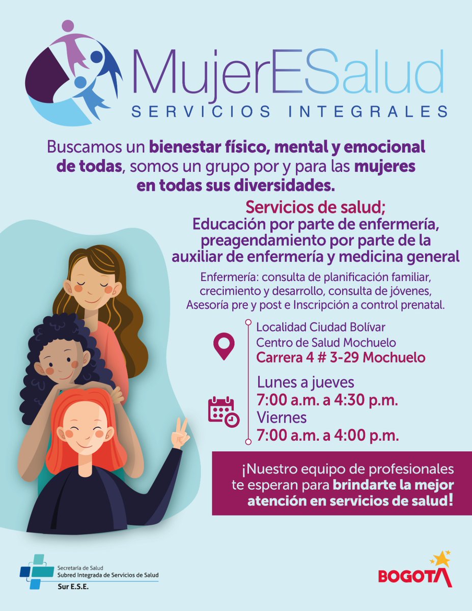 SubRedSur's tweet image. 💜 En la Subred Sur trabajamos por el bienestar físico, mental y emocional de todas las mujeres, reconociendo sus diversidades.
Te invitamos a conocer #MujerESalud, un espacio creado para ti con atención integral y acompañamiento profesional. 🌸💪