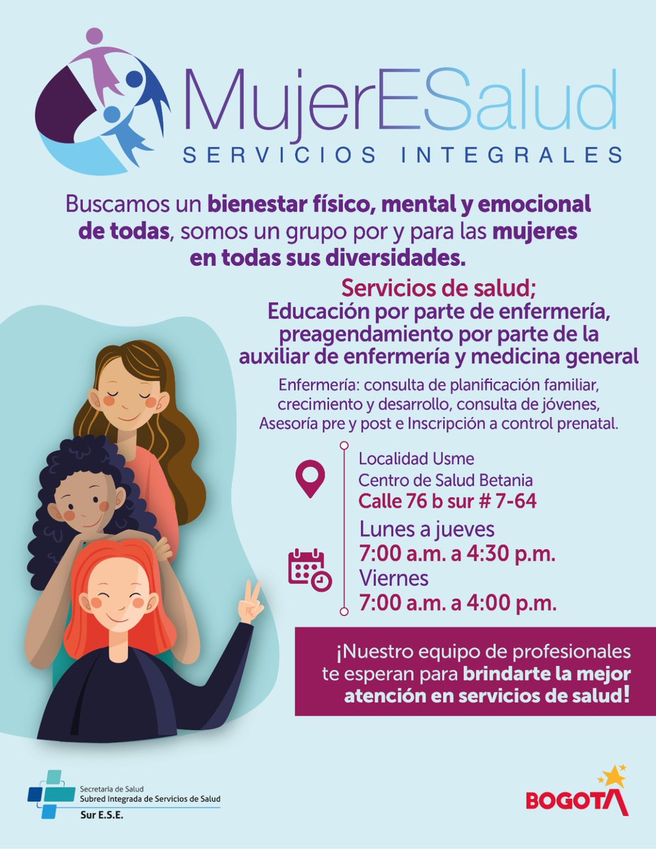 SubRedSur's tweet image. 💜 En la Subred Sur trabajamos por el bienestar físico, mental y emocional de todas las mujeres, reconociendo sus diversidades.
Te invitamos a conocer #MujerESalud, un espacio creado para ti con atención integral y acompañamiento profesional. 🌸💪