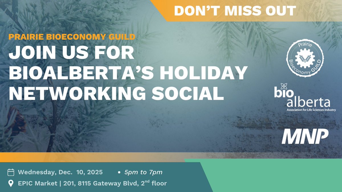 Bioalberta's tweet image. Let’s wrap up the year together! 🎉
Join us for the Bioeconomy Guild Holiday Networking Social,  an evening to relax, reconnect, and celebrate Alberta’s incredible life sciences community.

📅 Wed, Dec 10, 2025

🎟️ Register: simpli.events/e/DecGuild2025

#YEGevents #NetworkingEvent