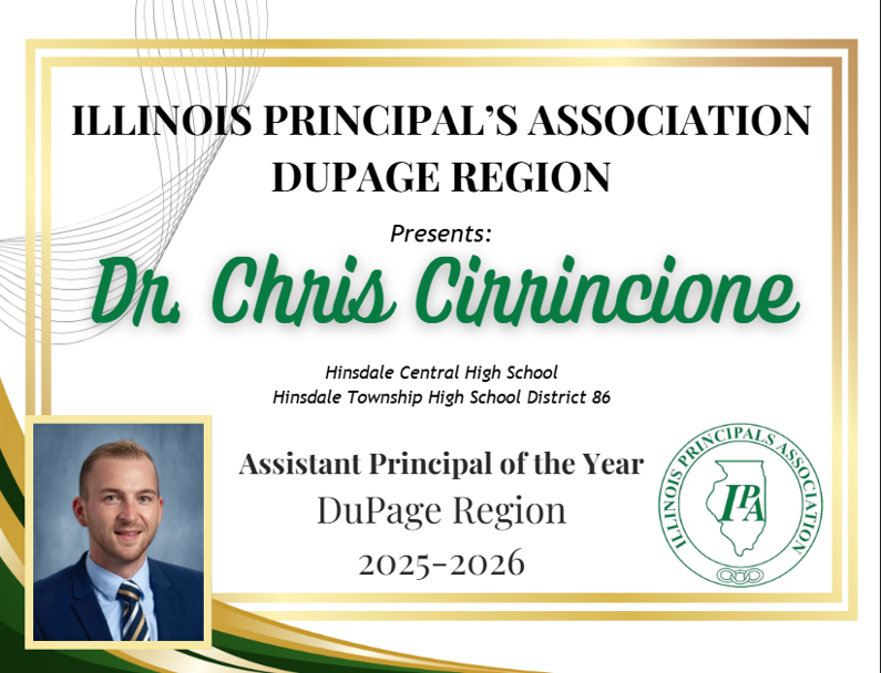 HinsdaleD86's tweet photo. Please join us in congratulating @thisishchs Assistant Principal Dr. Chris Cirrincione, who has been named Assistant Principal of the Year for the DuPage Region by the Illinois Principals Association! 🎉

Congratulations, Dr. Cirrincione — we are proud of you! 👏✨ https://t.co/KlCIXByM1Q