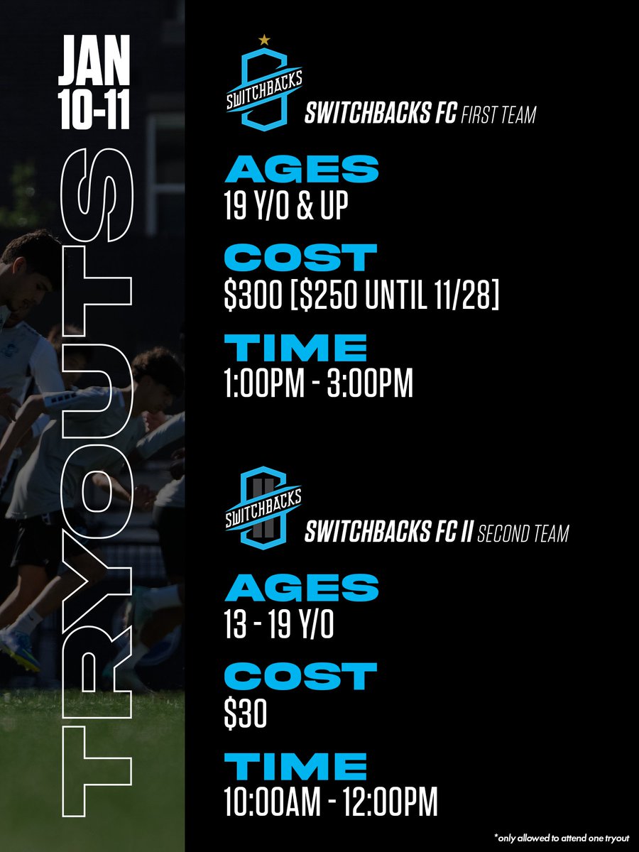 SwitchbacksFC's tweet image. Early Bird pricing for first-team tryouts is ending soon, so lock in your spot while you still can.

Open tryouts for both the First Team and Switchbacks II will be held at Weidner Field on January 10–11.

Want to learn more information or sign up? Check out…
