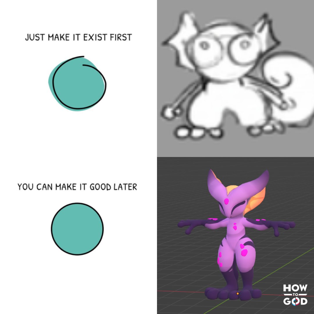 Just make it exist first. You can make it good later (Lizard's Version).

#HowToGod #VRgames #indiegame #MetaQuest #art #meme