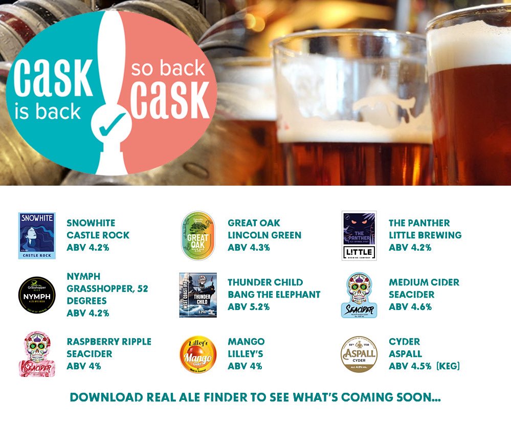 On the bar today!
Beer Board: bit.ly/2vu8OV3
#CaskIsBack <a href="/CRBrewery/">Castle Rock Brewery</a> <a href="/LincolnGBrewing/">LincolnGreenBrewing</a> <a href="/litbrew/">Littleover Brewery</a> <a href="/brewgrasshopper/">Grasshopper Brewery</a> <a href="/BangTheElephant/">Bang The Elephant Brewing Co.</a> <a href="/SeaCiderSussex/">SeaCider</a> <a href="/lilleyscider/">Lilley's Cider</a> <a href="/Aspall/">Aspall</a> 
#RealAleFinder