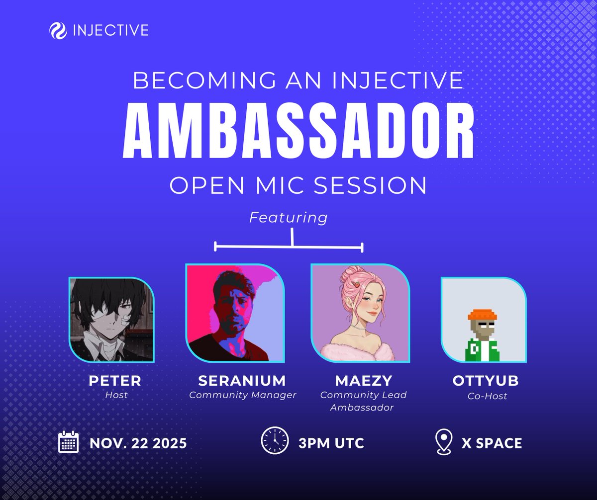 The <a href="/injective/">Injective 🥷</a> ecosystem is evolving fast and so is the ambassador program.

If you’ve ever wondered how to get in, how to stand out, or how the new selection system really works, then this one’s for you.

This Saturday, we’re hosting a full open-mic conversation on “Becoming an