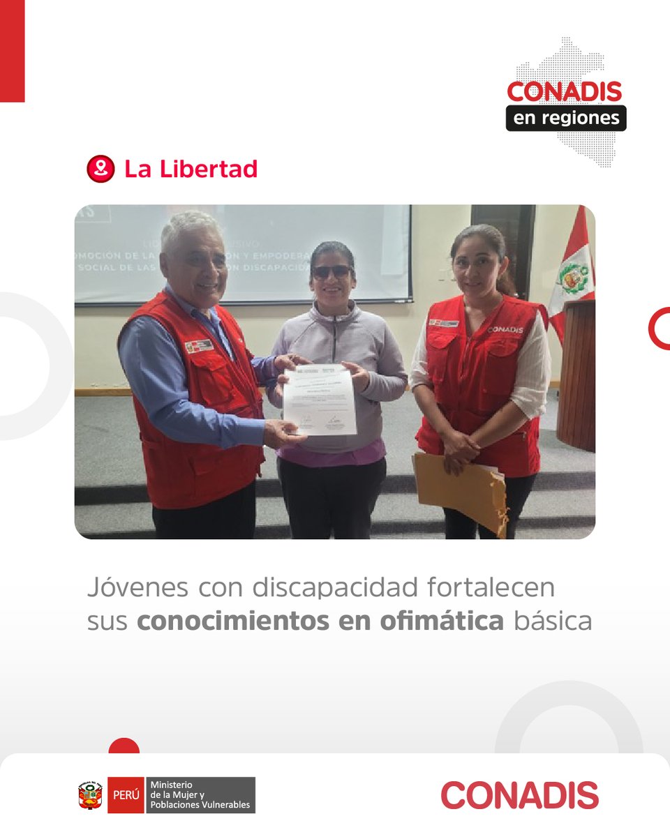 #LaLibertad | El Conadis participó en la clausura del curso de ofimática dirigido a personas con discapacidad visual, con la finalidad de fortalecer sus habilidades en el uso de herramientas ofimáticas. 🤟

Conoce más de Conadis en regiones en: 👉 gob.pe/es/n/1290776