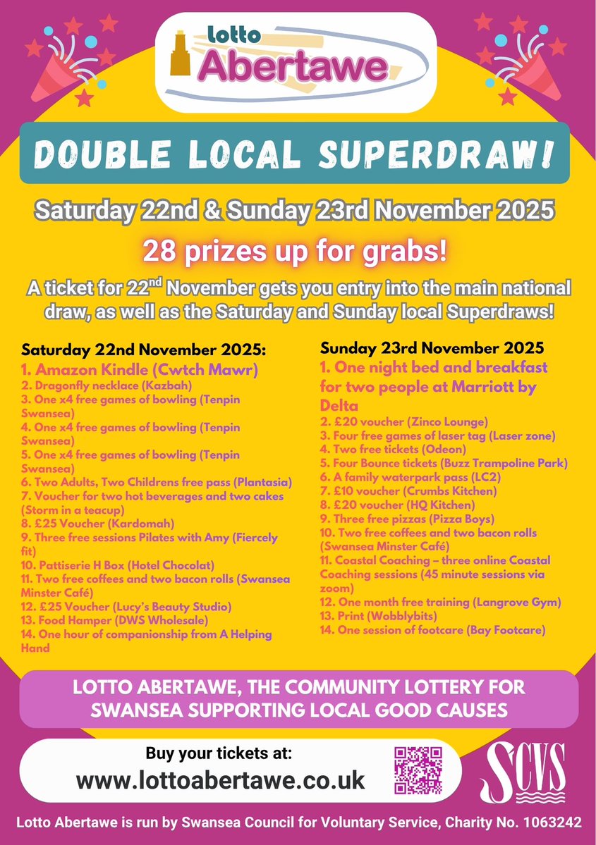 THIS WEEKEND! 🥳

🤩The Lotto Abertawe DOUBLE Local Superdraw takes place on Sat 22nd and Sun 23rd November - have you got your tickets yet?

👉 Go to lottoabertawe.co.uk