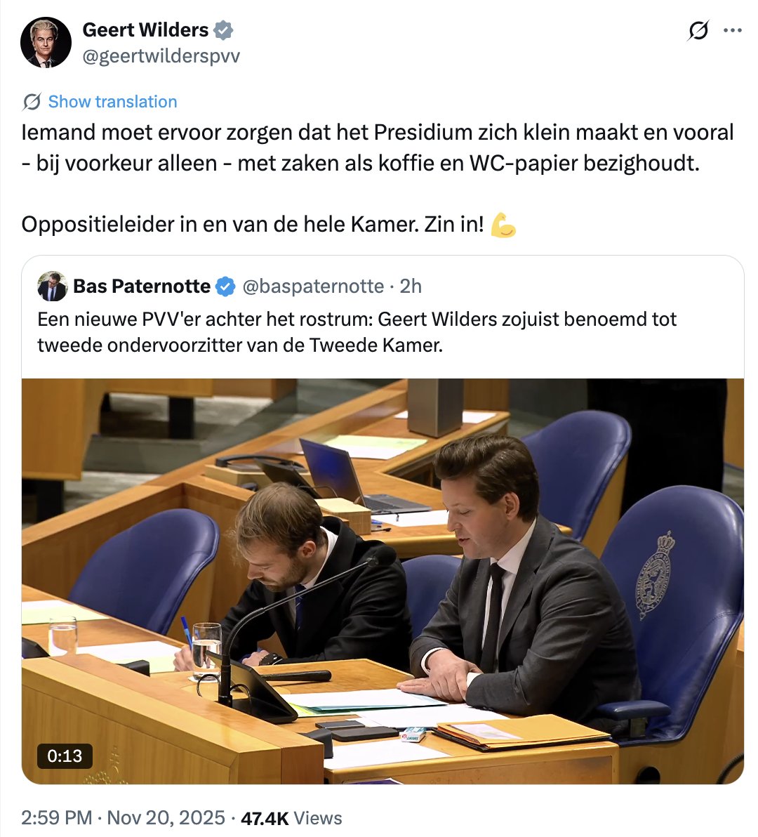 Het democratisch ethos van Wilders ligt als altijd in een spagaat: als het hem uitkomt verwijst hij naar de democratie, zo niet dan probeert het democratische systemen te ondermijnen. Waarvan akte.