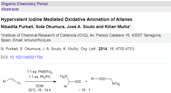organic_portal's tweet image. organic-chemistry.org/abstracts/lit4…
An oxidative amination of allenes using a single hypervalent iodine reagent