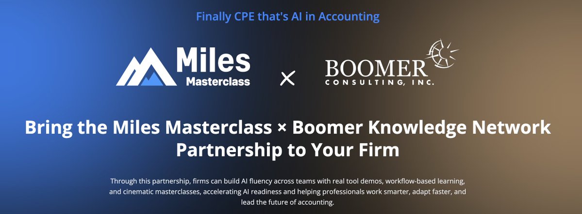 Jon_Hubbard's tweet image. Boomer Consulting and Miles Masterclass are proud to announce a new partnership expanding access to on-demand learning for accounting professionals.

Learn more: boomer.link/d10

#Accounting #CPE #ProfessionalLearning
