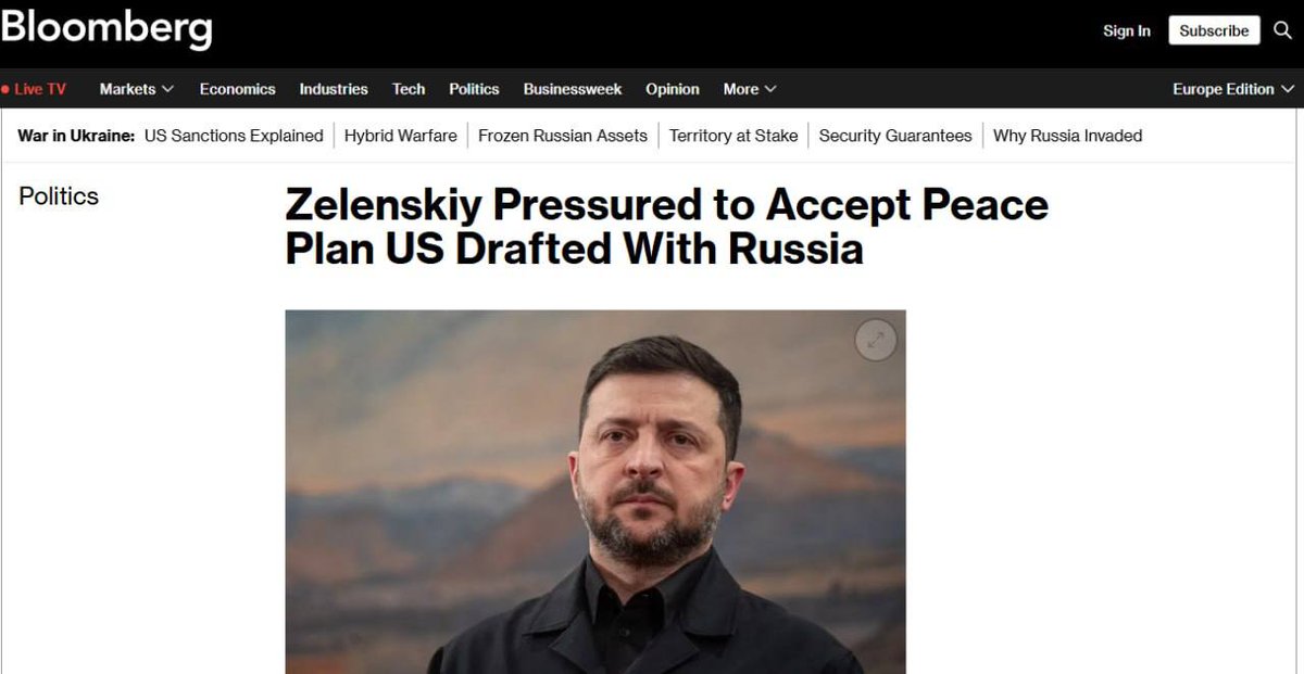 nexta_tv's tweet image. ‼️Zelensky is fighting hard to resist a humiliating peace deal being pushed by the US 

Bloomberg reports this, citing its own sources.
And yes — we’ve heard a lot over the years, but nothing quite like this:

📍 The draft of the so-called American peace plan includes a condition…
