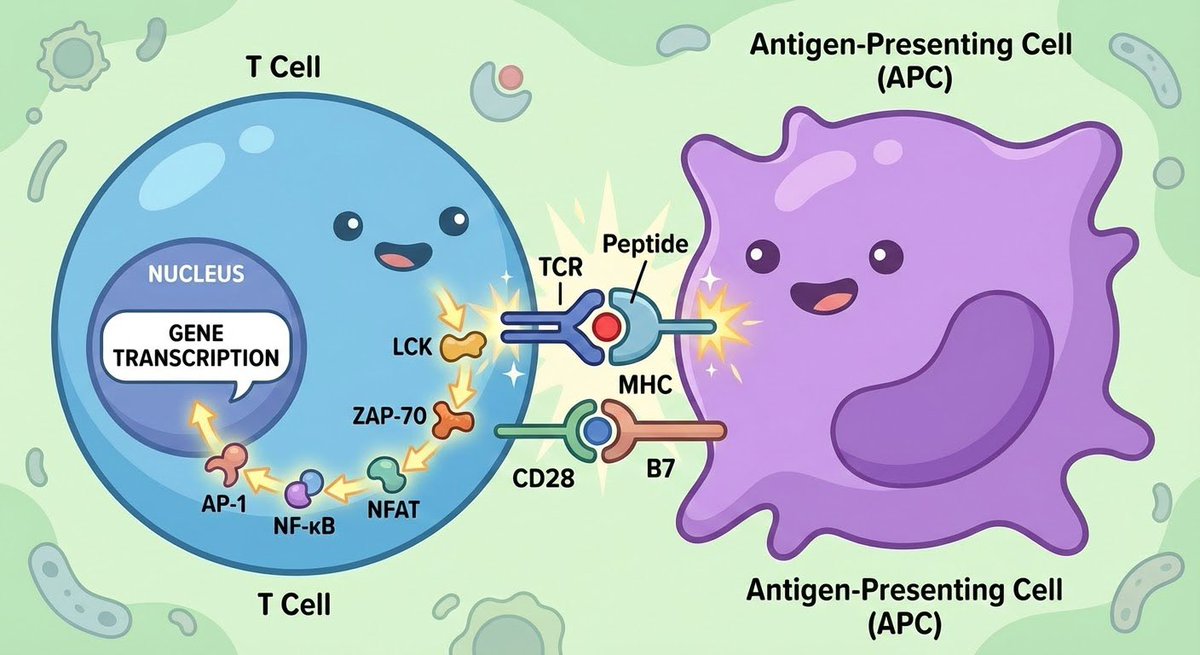 DeryaTR_'s tweet image. Wow! NanoBanana Pro is incredible! This is a perfect cartoon depicting the activation of a T cell with the full signaling cascade! I only asked it to draw the interaction &amp;amp; show the signaling &amp;amp; it figured out the rest! 

I am declaring that image-level AGI has now been achieved!