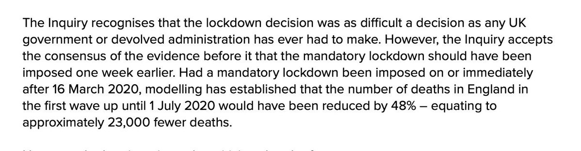 FraserNelson's tweet image. This is extraordinary from the Covid inquiry. No modelling “established” that 23,000 lives would be saved if lockdown had happened a week earlier - that was a notorious and debunked Ferguson claim…