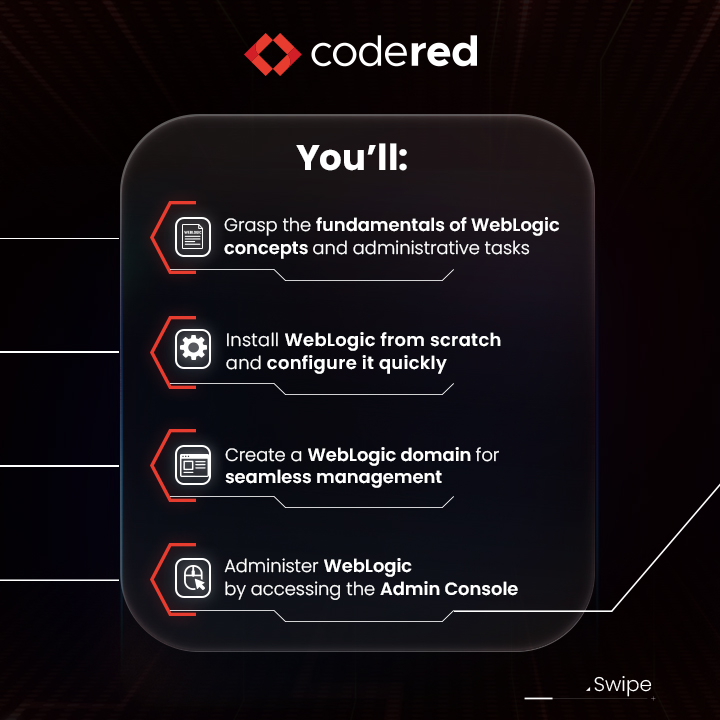CodeRed_Pro's tweet image. 💻 Enterprise’s Java apps need a solid foundation.  Learn to build, deploy, and manage the powerful Oracle WebLogic Server from the ground up. 
From installation to console mastery, become the go-to expert. Start now: bit.ly/3XKKI5n

#Oracle #WebLogic #Java #DevOps…