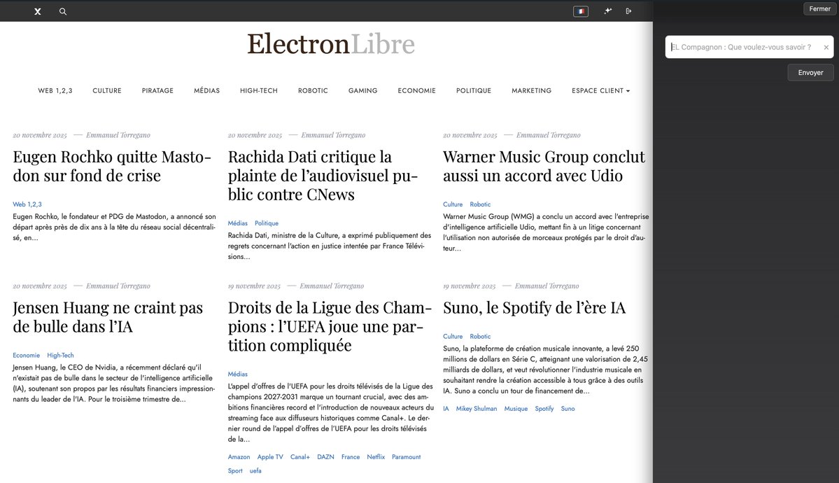 3l3ctr0nLibr3's tweet image. Interface repensée : ElectronLibre introduit son tiroir IA.
Un accès instantané à EL Compagnon (via notre icône Sparkle, devenue un incontournable ) pour analyser, comprendre et explorer l’actualité autrement ! Vos questions, nos réponses. En temps réel. Plus simple, plus clair !