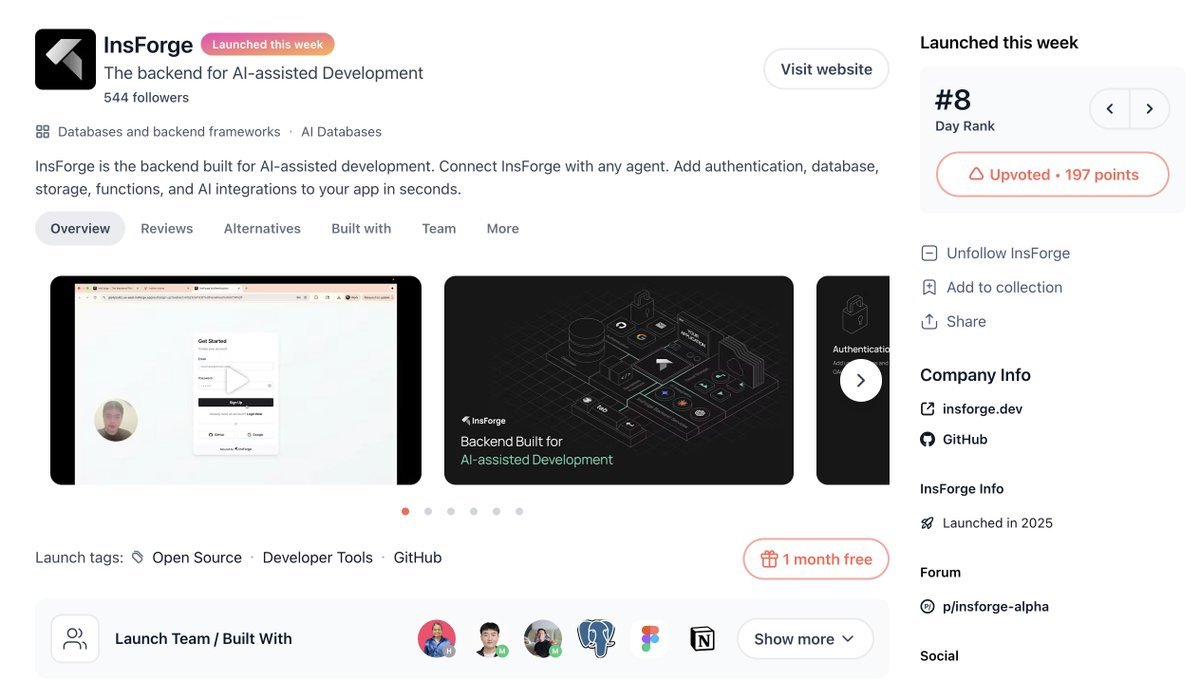HH_HangHuang's tweet image. Finished the day #8 on @ProductHunt

We built @InsForge_dev, a backend built specifically for AI coding tools

If you use Cursor or Claude Code, this is for you 👇