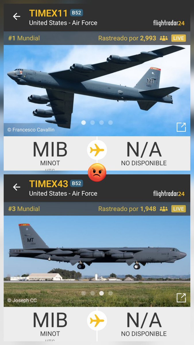 2 Bombarderos B-52 Stratofortress ingresando al Golfo de América en dirección Sureste. Una tercera aeronave con hex desconfigurado los acompaña, posiblemente otro bombardero (?). 
Registros 60-0023 y 60-0034, códigos de llamada TIMEX11, TIMEX12 y TIMEX43.
Acaban de dejar de ser