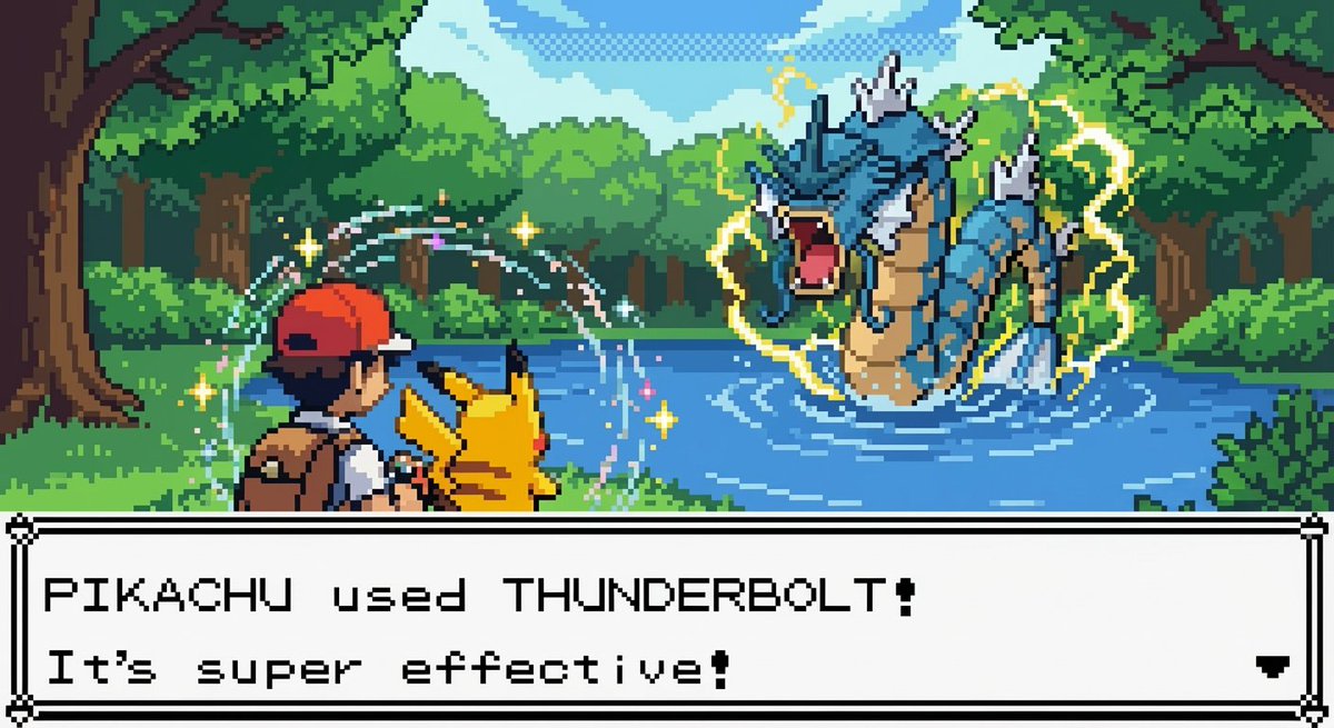ProperPrompter's tweet image. Google 🤩
Nano Banana Pro pixel art is phenomenal!

Use the image as reference and prompt: change the scene to a new battle and environment with new pokemon

It even knows which moves should and should not be effective 🤯