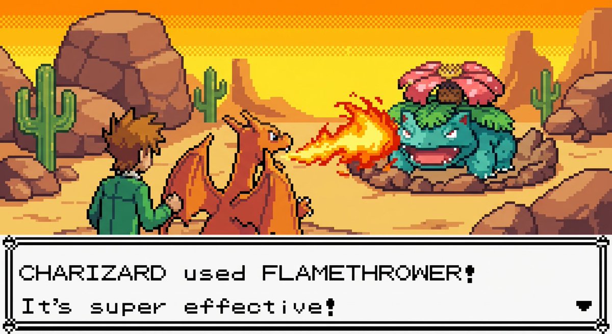 ProperPrompter's tweet image. Google 🤩
Nano Banana Pro pixel art is phenomenal!

Use the image as reference and prompt: change the scene to a new battle and environment with new pokemon

It even knows which moves should and should not be effective 🤯