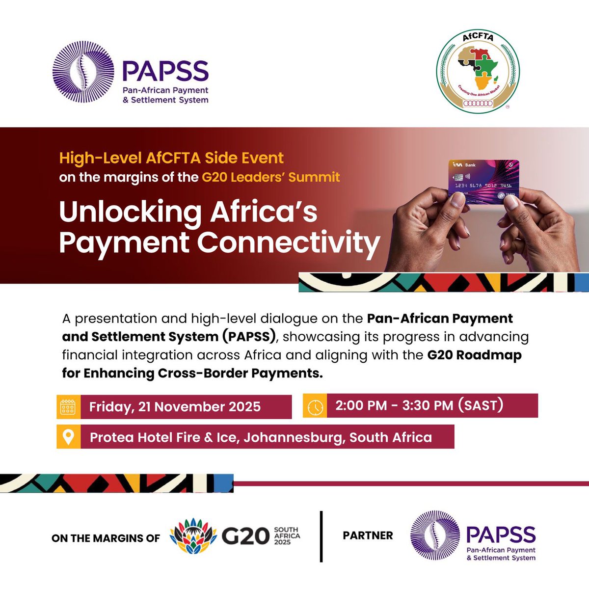 AfCFTA's tweet image. On the margins of the G20 Leaders’ Summit, the AfCFTA Secretariat and its partners will host two high-level sessions in Johannesburg, advancing Africa’s priorities on payment connectivity and private sector competitiveness.

1️⃣ Unlocking Africa’s Payment Connectivity
2:00 PM –…