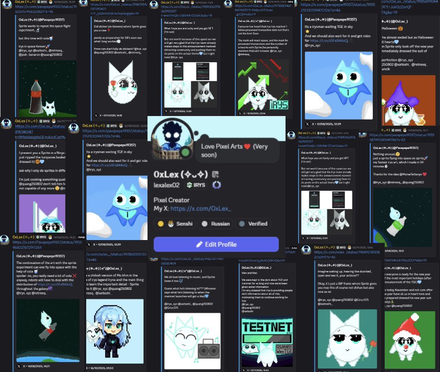 OxLex_'s tweet photo. @lew_xyz I discovered irys in June my life has changed I found my own style met interesting people and became part of a warm creative community During this time I made about 70 posts wrote 8600 messages and started creating GIFs with Sprite
I can't show everything thanks limitations of X https://t.co/9Ujy38gcPR