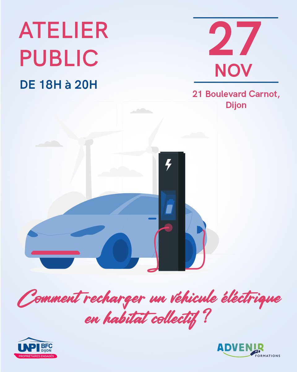 Comment recharger un véhicule électrique en habitat collectif ?🔋

Venez nous rejoindre jeudi 27 novembre pour un atelier d'information sur la recharge de véhicule électrique.

Inscrivez vous dès à présent : shorturl.at/6y0LI

#UNPI #propriétaires #immobilier #copropriétés