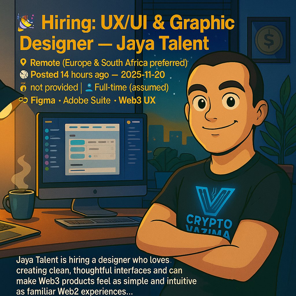 crypto_vazima's tweet image. 🎨 Hiring: UX/UI &amp;amp; Graphic Designer — Jaya Talent
📍 Remote (Europe &amp;amp; South Africa preferred) | 💼 Full-time (assumed) | 🧑‍💻 Figma • Adobe Suite • Web3 UX | 💰 not provided

Jaya Talent is looking for a designer who enjoys building clean, simple interfaces and making Web3 feel…