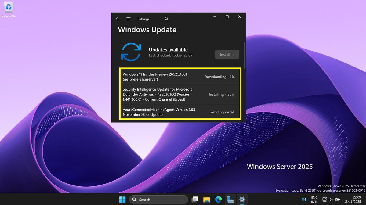 JamesvandenBerg's tweet image. #Microsoft Windows Server Datacenter: Azure Edition preview build 26525 now available in Azure 🚀
techcommunity.microsoft.com/discussions/wi…
#WindowsServer2025 #WindowsServerInsiders #WindowsInsiders #Azure #Hyperv #WindowsServer #Winserv #MVPBuzz #ITPro #AzOps #DevOps 
#MSIgnite 👍 @windowsserver
