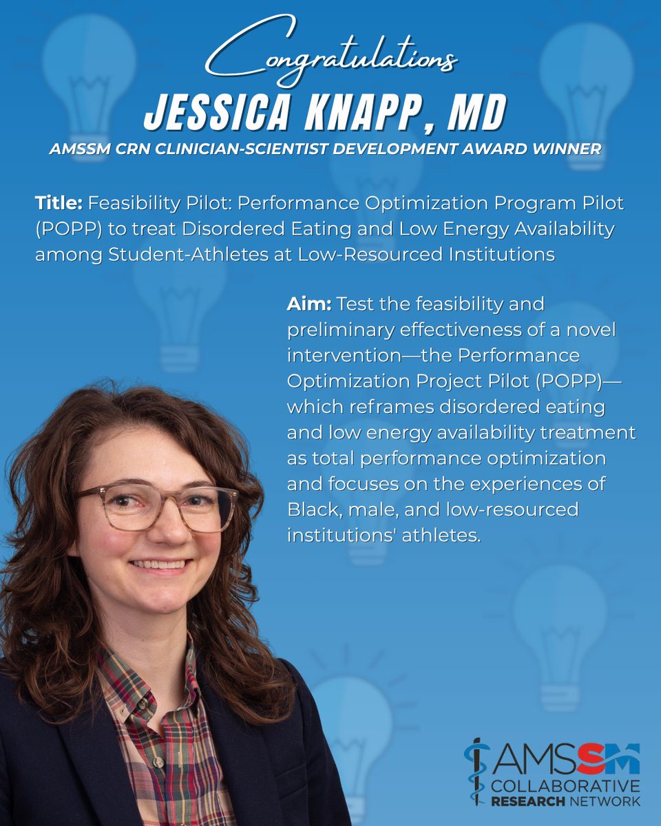 AMSSM_CRN's tweet image. 🎉 Congrats to our 2025 AMSSM Research Grant awardees!

🔬 Clinician-Scientist Development Grant: Jessica Knapp, MD (UNC) 

🔬 Secondary Analysis of Existing Data Grant: Danielle Kulpins, MD (Cleveland Clinic)

🙌 Well done, Drs. Knapp &amp;amp; Kulpins!