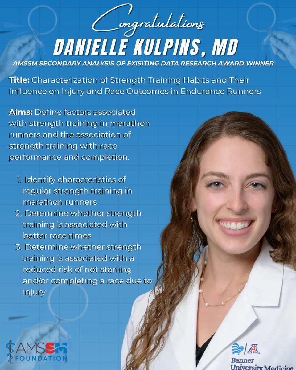 AMSSM_CRN's tweet image. 🎉 Congrats to our 2025 AMSSM Research Grant awardees!

🔬 Clinician-Scientist Development Grant: Jessica Knapp, MD (UNC) 

🔬 Secondary Analysis of Existing Data Grant: Danielle Kulpins, MD (Cleveland Clinic)

🙌 Well done, Drs. Knapp &amp;amp; Kulpins!