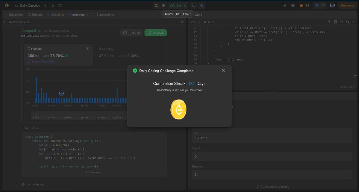 like_backspace's tweet image. 🟩 LeetCode Daily: ✅

🔥 Streak: 181 Days and climbing!

 ⏱ Runtime: 356ms beating 75.70% 

💡 Problem-solving mode: Activated

Consistency is the real OP skill in DSA — badge or not, the grind continues! Let’s keep that streak alive. 💻✨

#LeetCode #100DaysOfCode #DSA