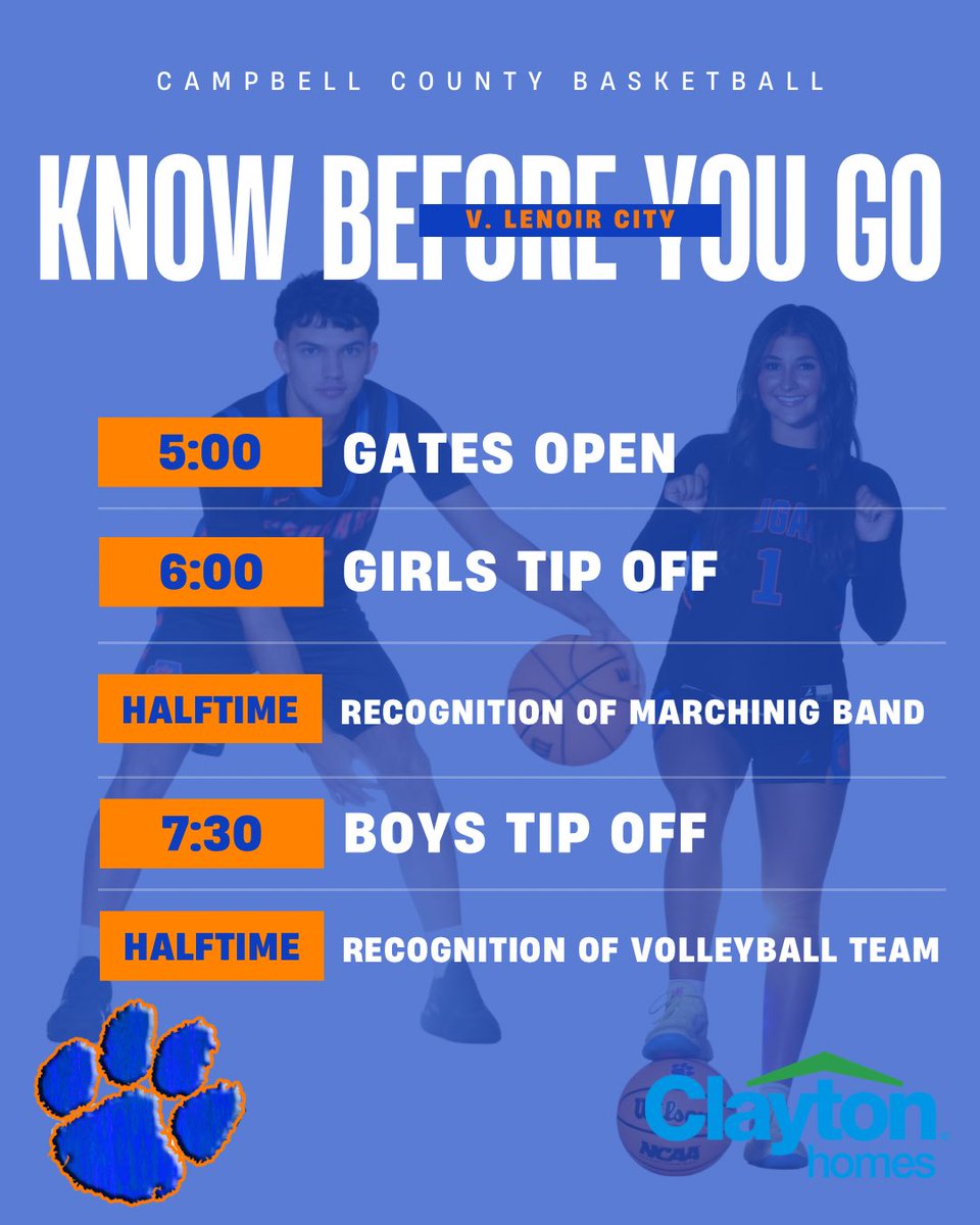 🏀 Know Before You Go: CCHS v. Lenoir City 

See you tonight! 

Thanks to Clayton Homes for always supporting CCHS Athletics!