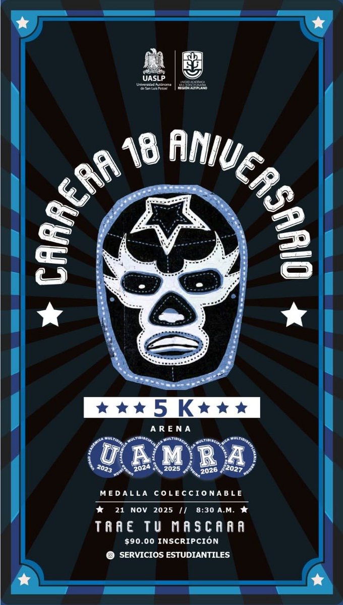LaUASLP's tweet photo. #UAMRA cumple 18 años y celebra con carrera atlética temática de lucha libre.
🌐 La cita es este viernes 21 de noviembre, desde las 7:30 horas.
https://t.co/SGSWDUg1Wa https://t.co/pxVRz9uhd3