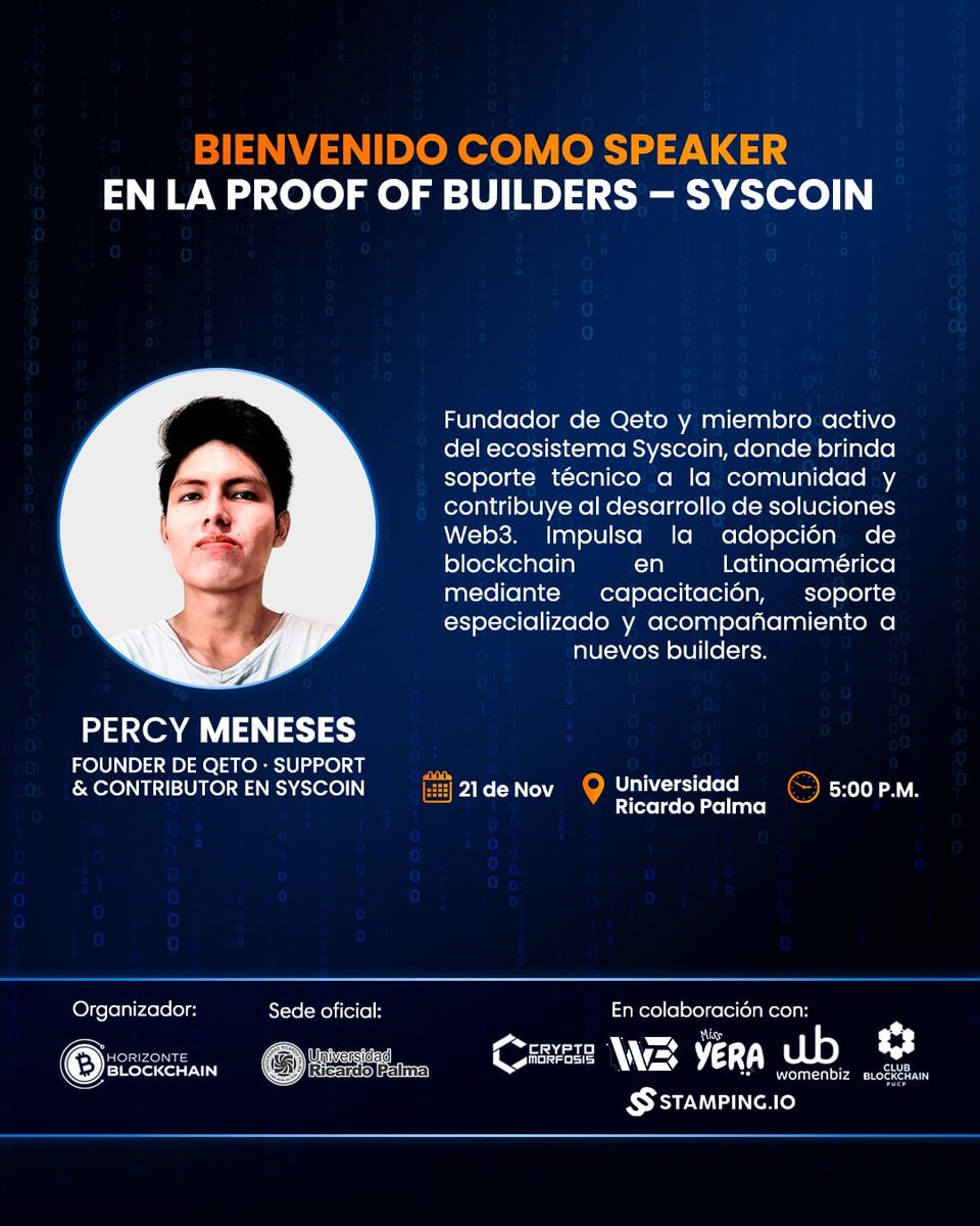 Syscoin_Hispano's tweet image. 🎙 Mañana en la Proof of Builders – Syscoin:

Percy Meneses
Founder de Qeto · Support &amp;amp; Contributor en Syscoin
Especialista en Web3, soporte técnico y formación de builders en LATAM.
📌 Tema: De Builder a Finalista
📅 21 Nov – 5 PM
📍 Universidad Ricardo Palma
⚠️ Registro:
👉…
