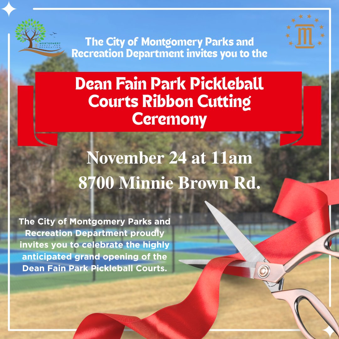 montgcitypandr's tweet image. Join us for the ribbon-cutting ceremony at Dean Fain Park as we unveil 12 brand-new, state-of-the-art pickleball courts—a major win for recreation in Montgomery!

📍 Where: Dean Fain Park, 8700 Minnie Brown Rd.
📅 When: Monday, November 24, 2025

#funinmgm #ourmgm
