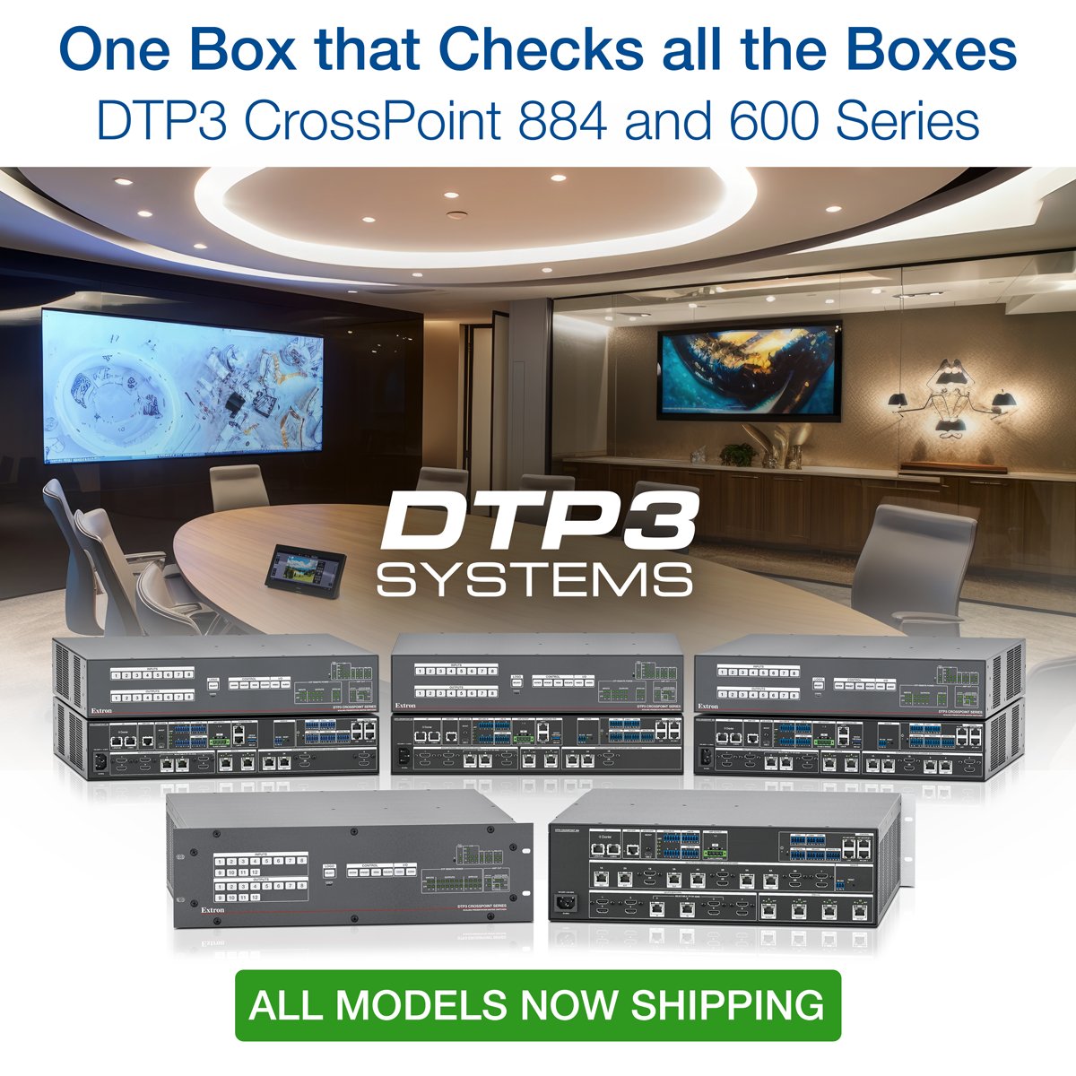 Extron's tweet image. We are now shipping all models in our DTP3 CrossPoint Series of configurable presentation matrix switchers. These powerful products deliver high-performance 4K/60 matrix switching with HDMI and DTP3 inputs and outputs, audio DSP with AEC, Dante®, a power amplifier, and a control…