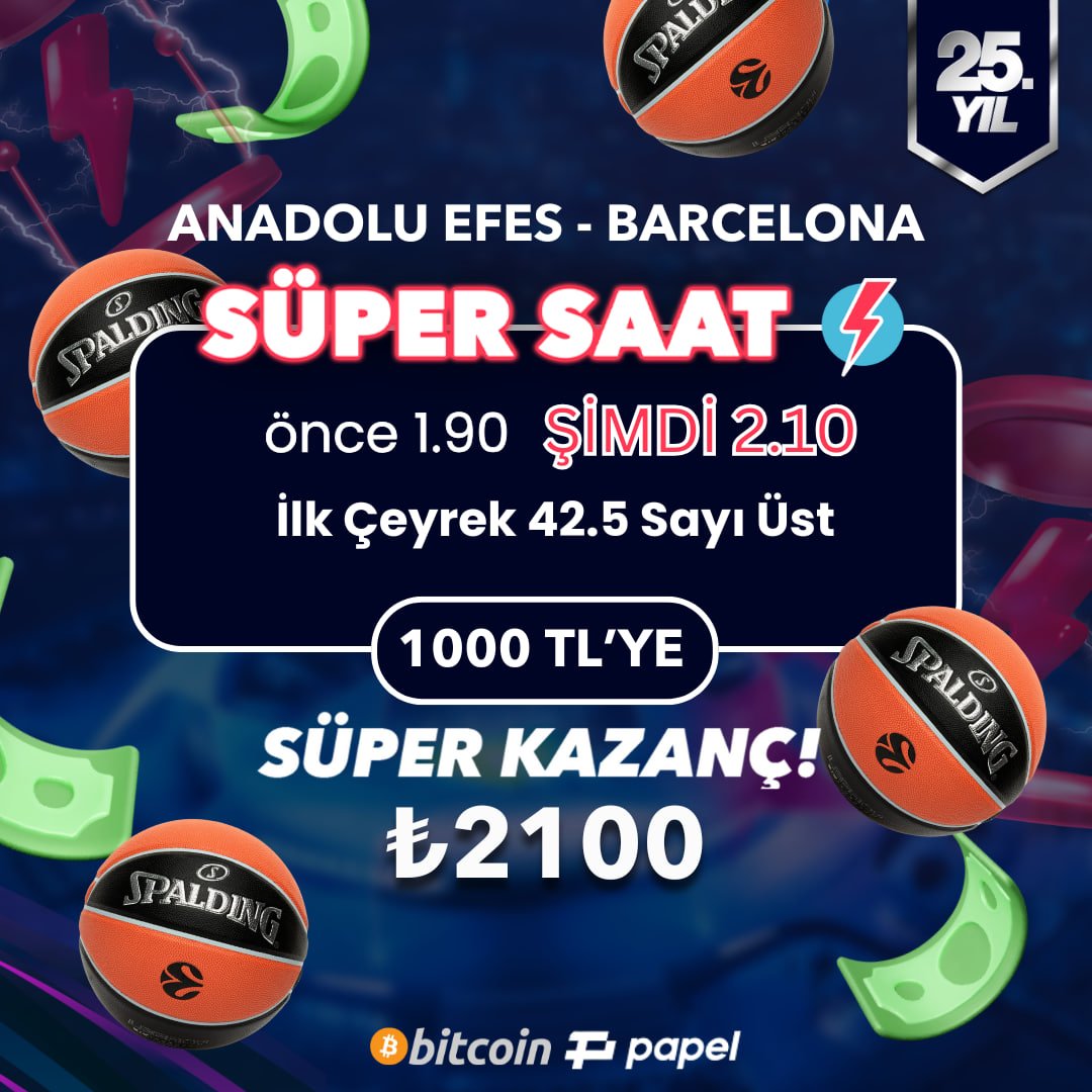 SÜPER SAAT: EUROLEAGUE

Anadolu Efes - Barcelona #EuroLeague 

🏀 1. Çeyrek 42.5 Üst Sayı 1.90 yerine 2.10 oran! 

Süperbahis Giriş 📲 tinyurl.com/2t9mfbvz