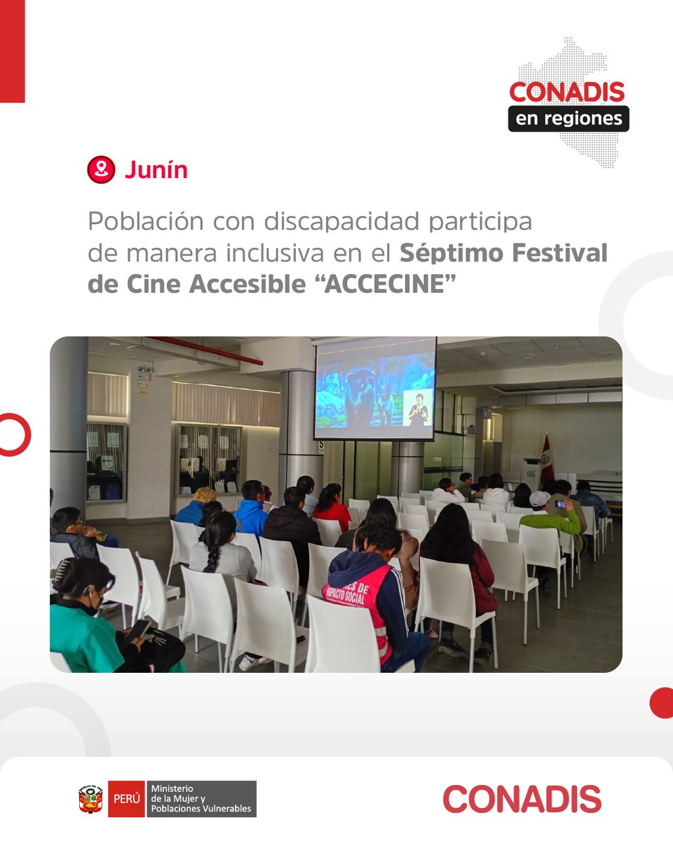 MimpConadis's tweet image. #Junín | El Conadis participó en el Séptimo Festival de Cine Accesible – ACCECINE, un espacio que impulsa la participación cultural de las personas con discapacidad visual y auditiva.

Conoce más de Conadis en regiones en: 👉 gob.pe/es/n/1290776