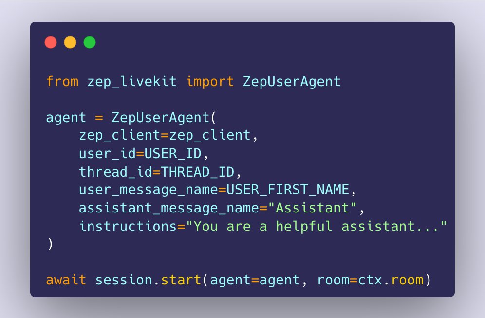 zep_ai's tweet image. The integration provides `ZepUserAgent`, a pre-configured voice agent with Zep as its long-term context store. No implementation required.

Automatically stores conversations in knowledge graphs and retrieves context before each response.

➡️ READ MORE: blog.getzep.com/zep-livekit/