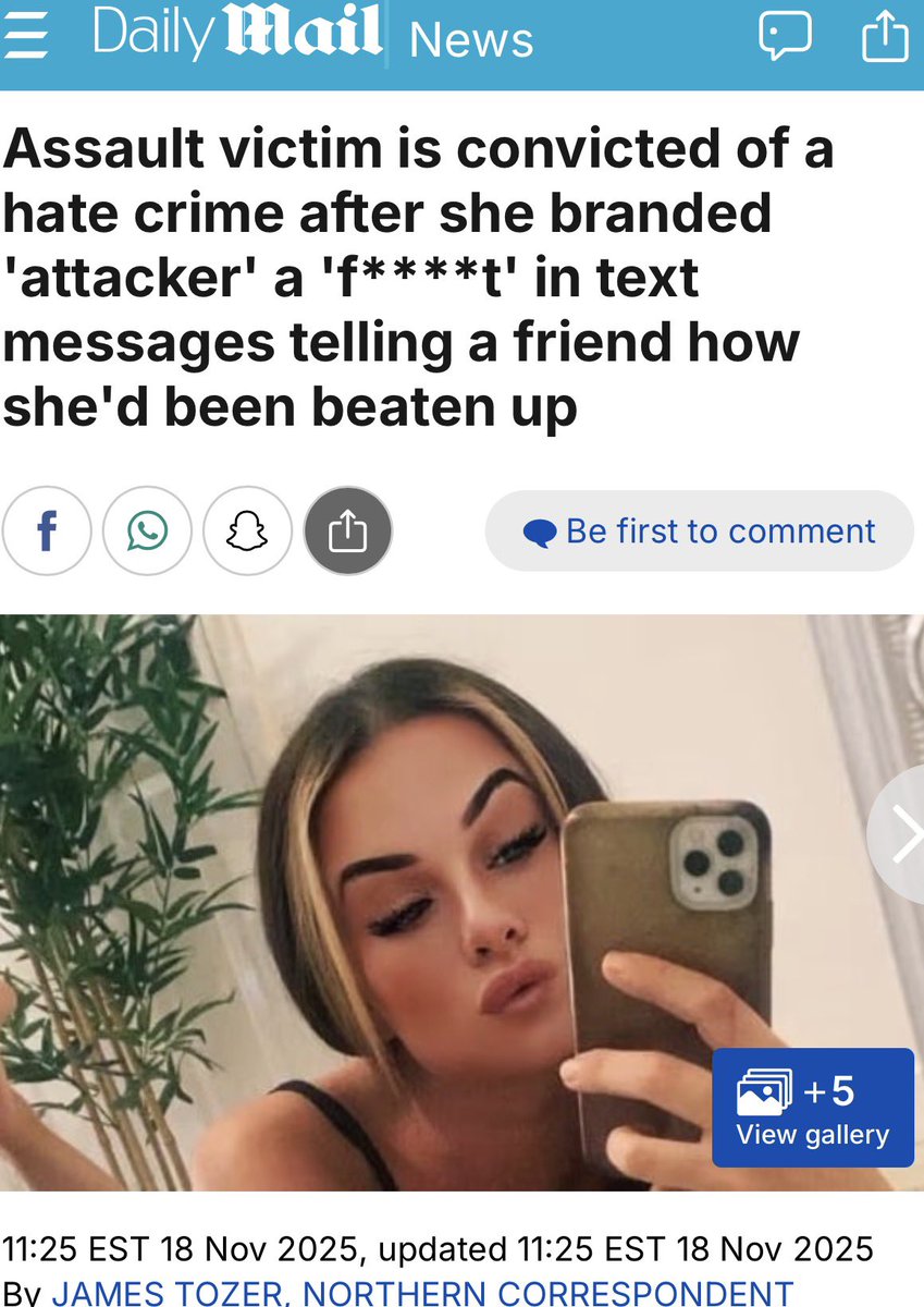 WorldByWolf's tweet image. Mother of four, Elizabeth Kinney, was assaulted by a man and had to be hospitalised as a result. 

When describing the attack and sending evidence of it to a friend she described the attacker as a “faggot” for which she was charged and found guilty of malicious communication.