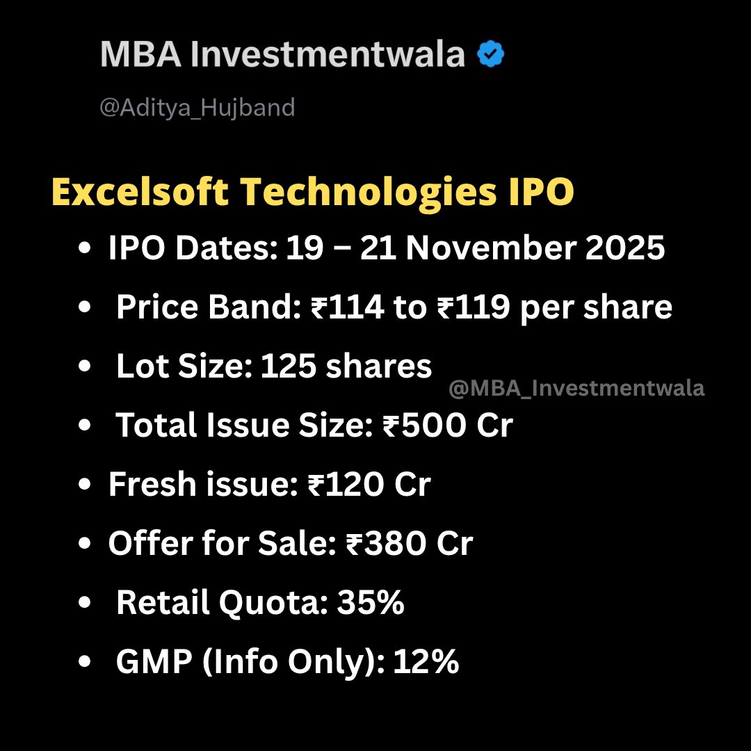 Aditya_Hujband's tweet image. Excelsoft Technologies IPO Review

🔸View: Apply

🔸Company Overview:
- Founded in 2000 by Dhananjaya Sudhanva, Excelsoft Technologies is a leading India-based vertical SaaS provider delivering e-learning, digital assessments, and EdTech solutions to institutions, governments,…