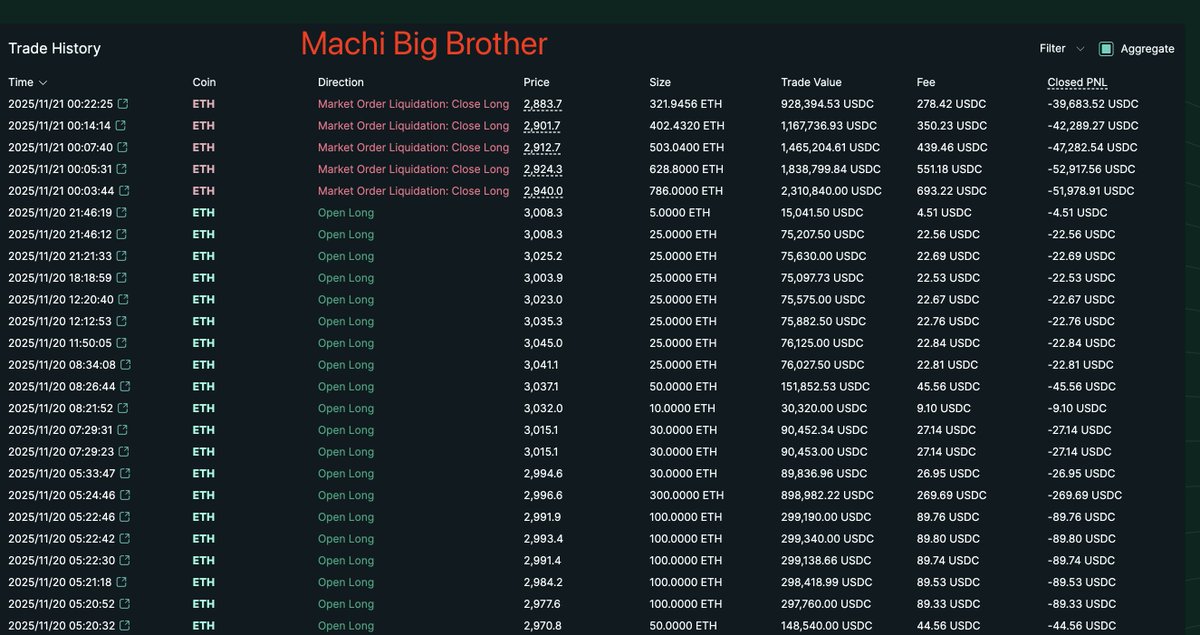 Screenshot of Machi Big Brother's trade history on Hyperliquid showing multiple liquidations
