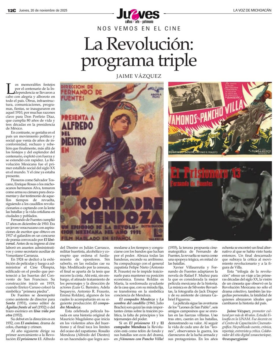 Tres capítulos de la revolución según Fernando de Fuentes. Conmemoración de nuestra identidad, páginas de la historia. Una nota publicada en el suplemento cultural Jueves de <a href="/vozmichoacan/">La Voz de Michoacán</a>