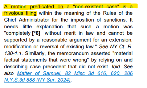 RobertFreundLaw's tweet image. A real sanction for a lawyer who submitted a brief with fake, AI-hallucinated cases in a brief.

This lawyer filed an MSJ that relied on an AI-hallucinated case.

As a sanction, the court denied the MSJ with prejudice, because the fake case rendered the motion frivolous.